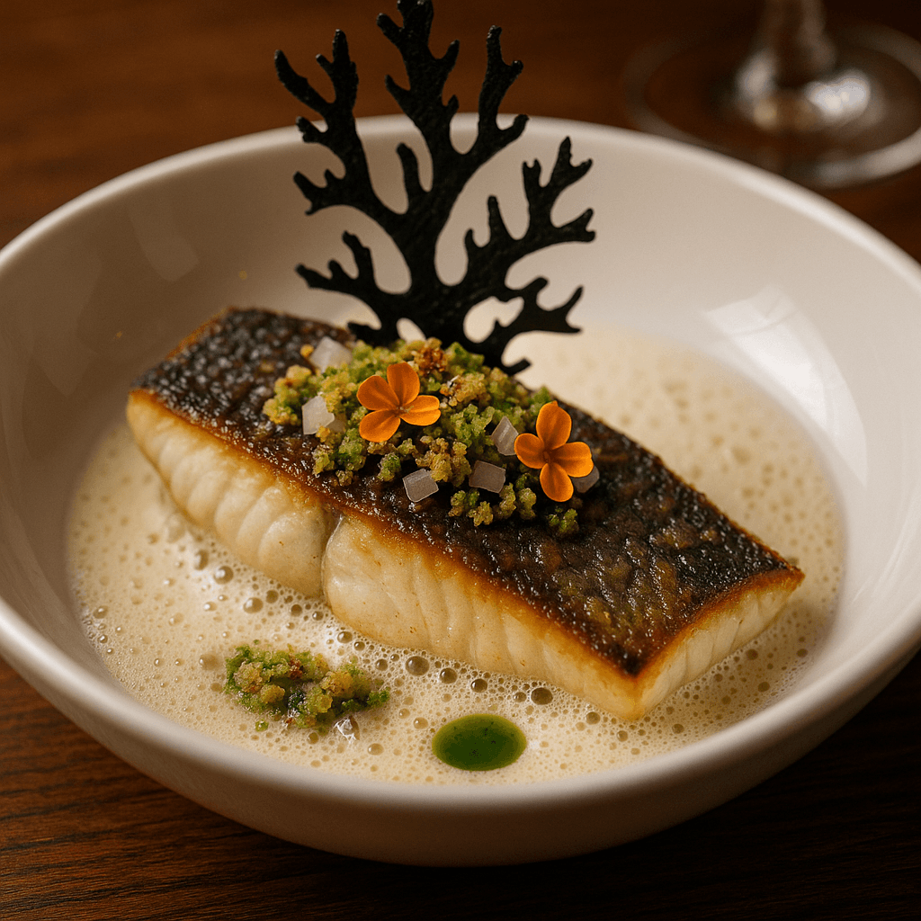 Seabass mit Beurre Blanc, Kräuterkruste und schwarzer Korallen-Dekoration