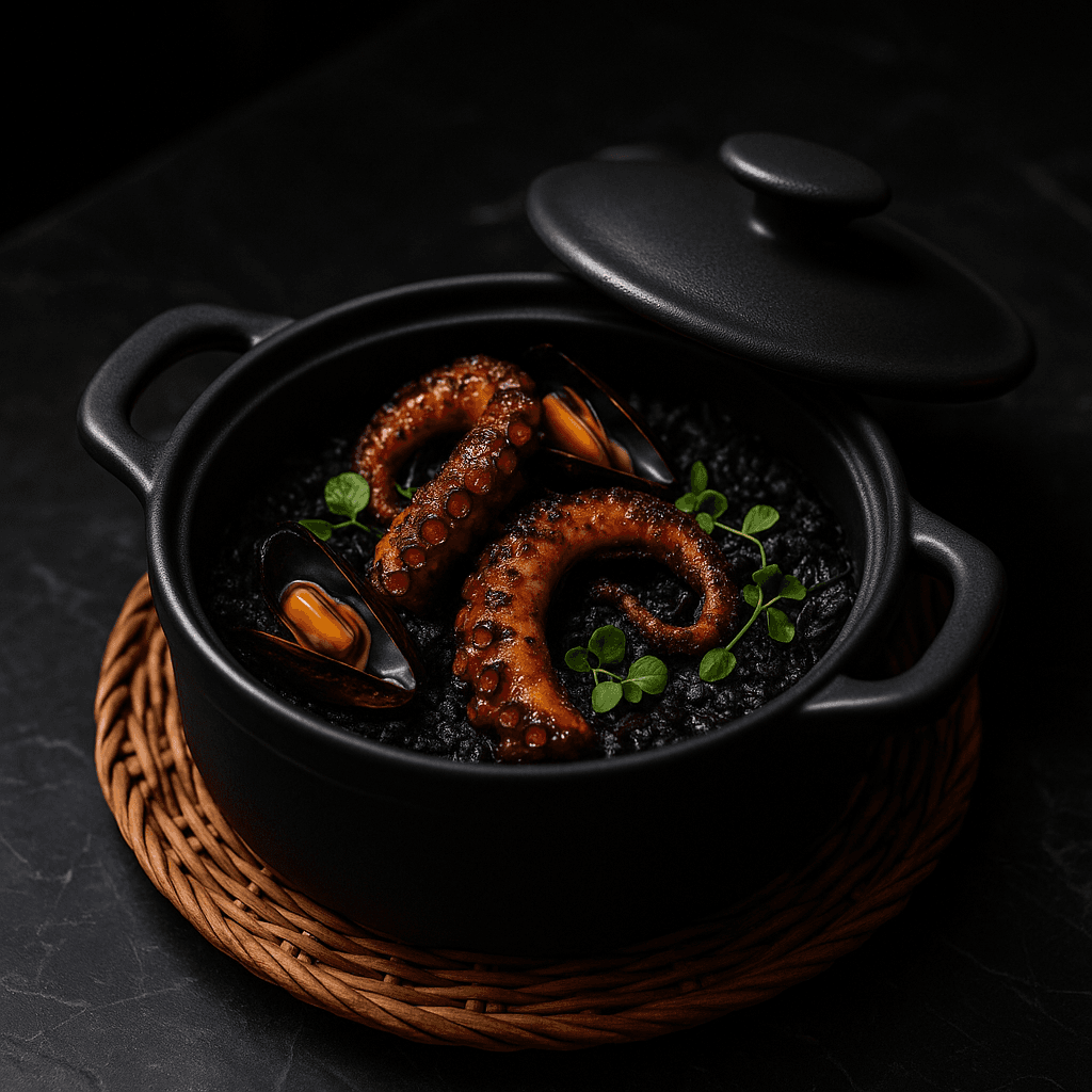 Arroz Negro mit gegrilltem Oktopus und Muscheln