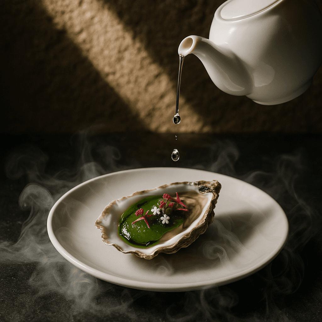 Auster mit Kräutergel und Trockeneis-Nebel