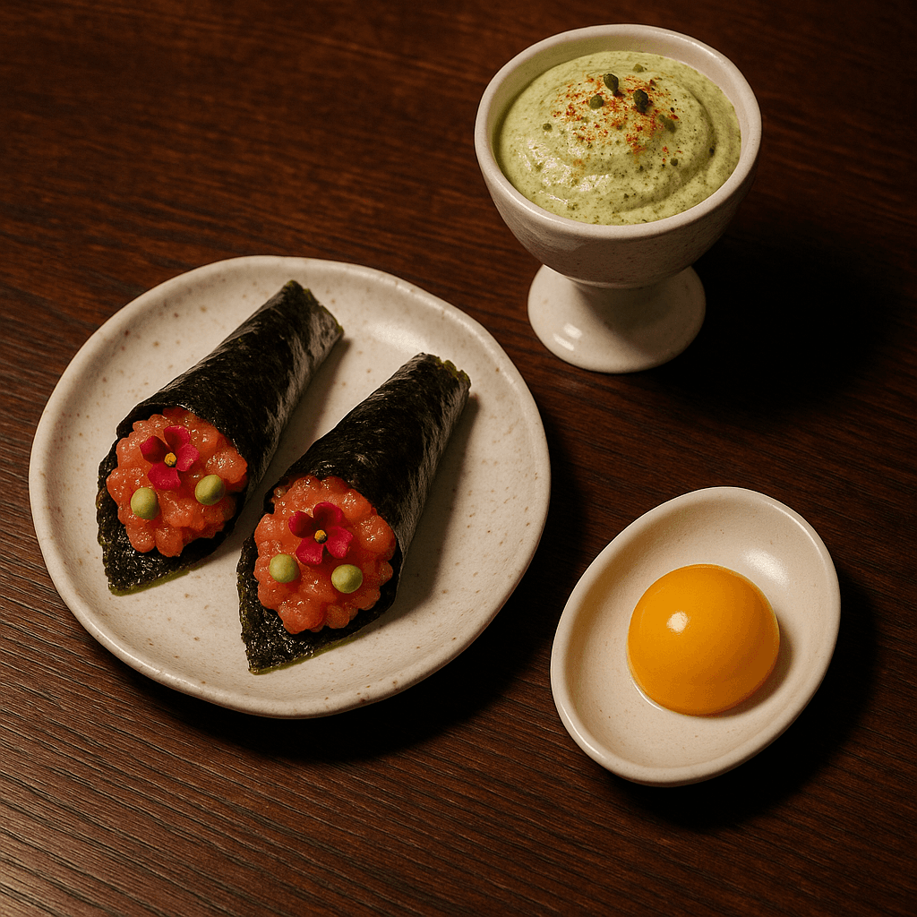 Nori-Rolls mit Fischtartar und Avocado-Schaum