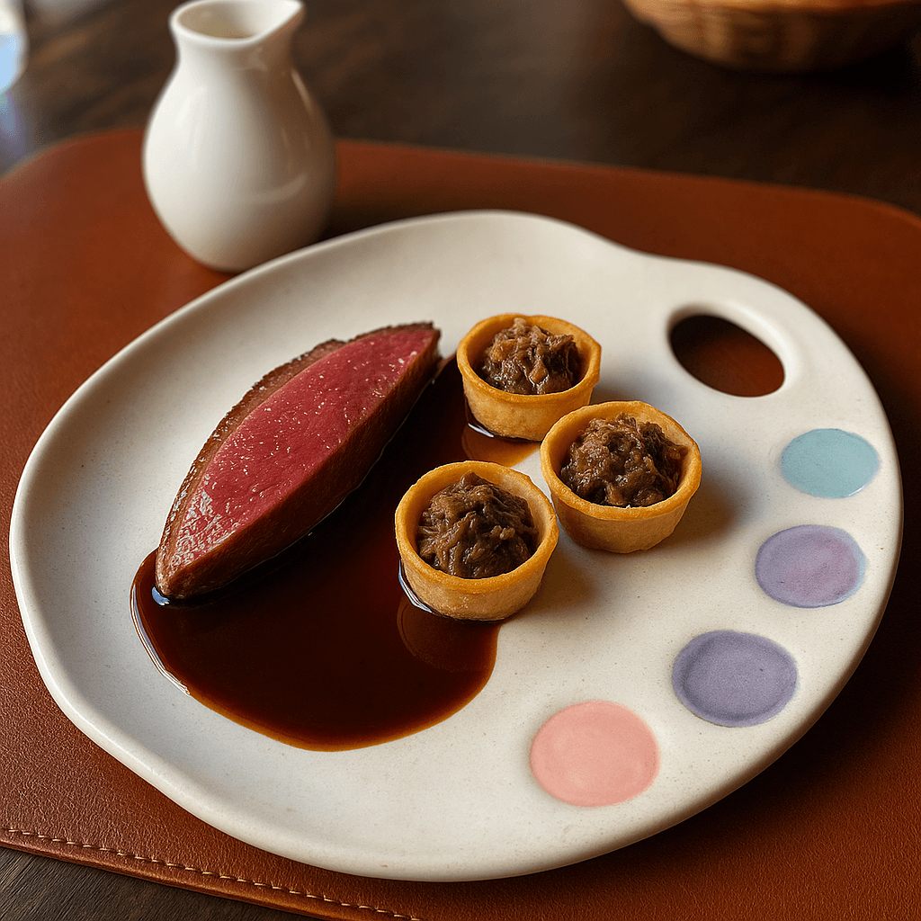 Taube mit Pastry-Töpfchen und Farbpaletten-Keramik