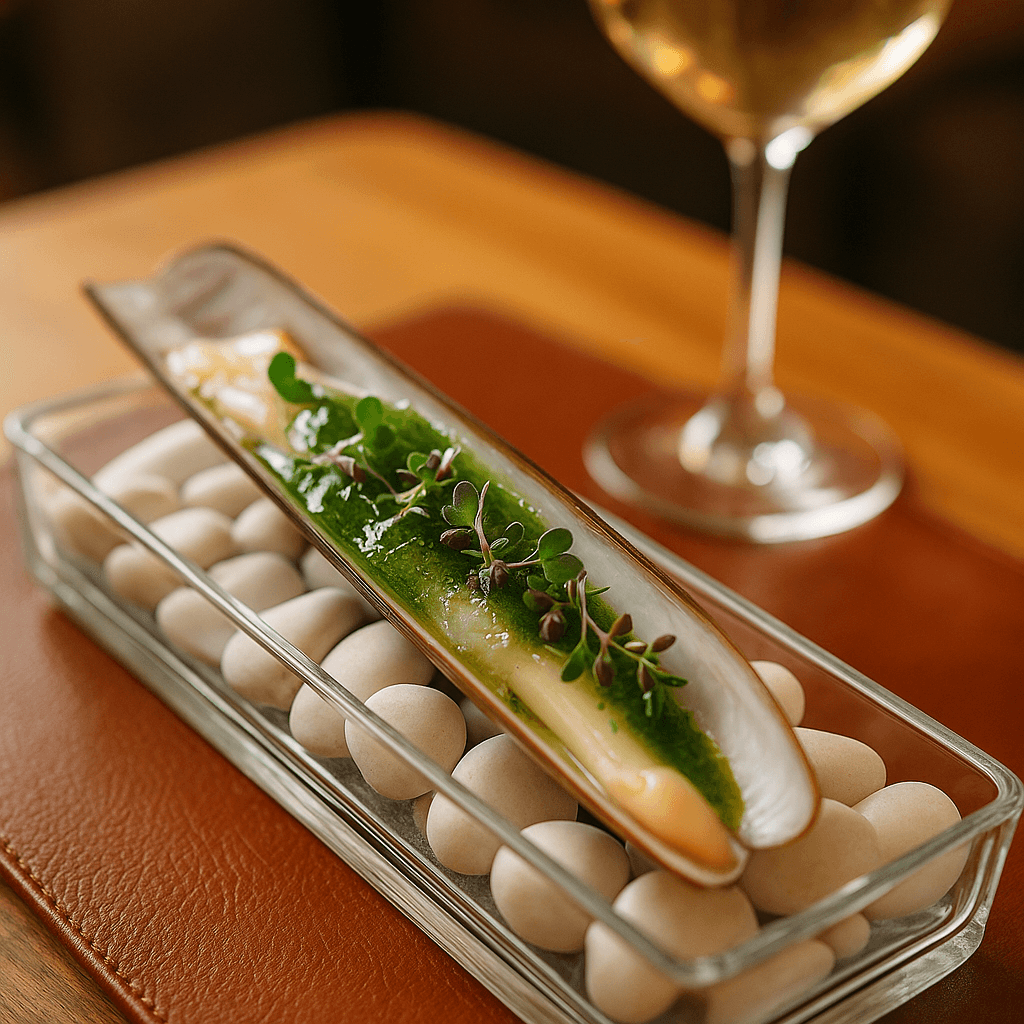 Razor Clam auf weißen Kieselsteinen im Glasgefäß