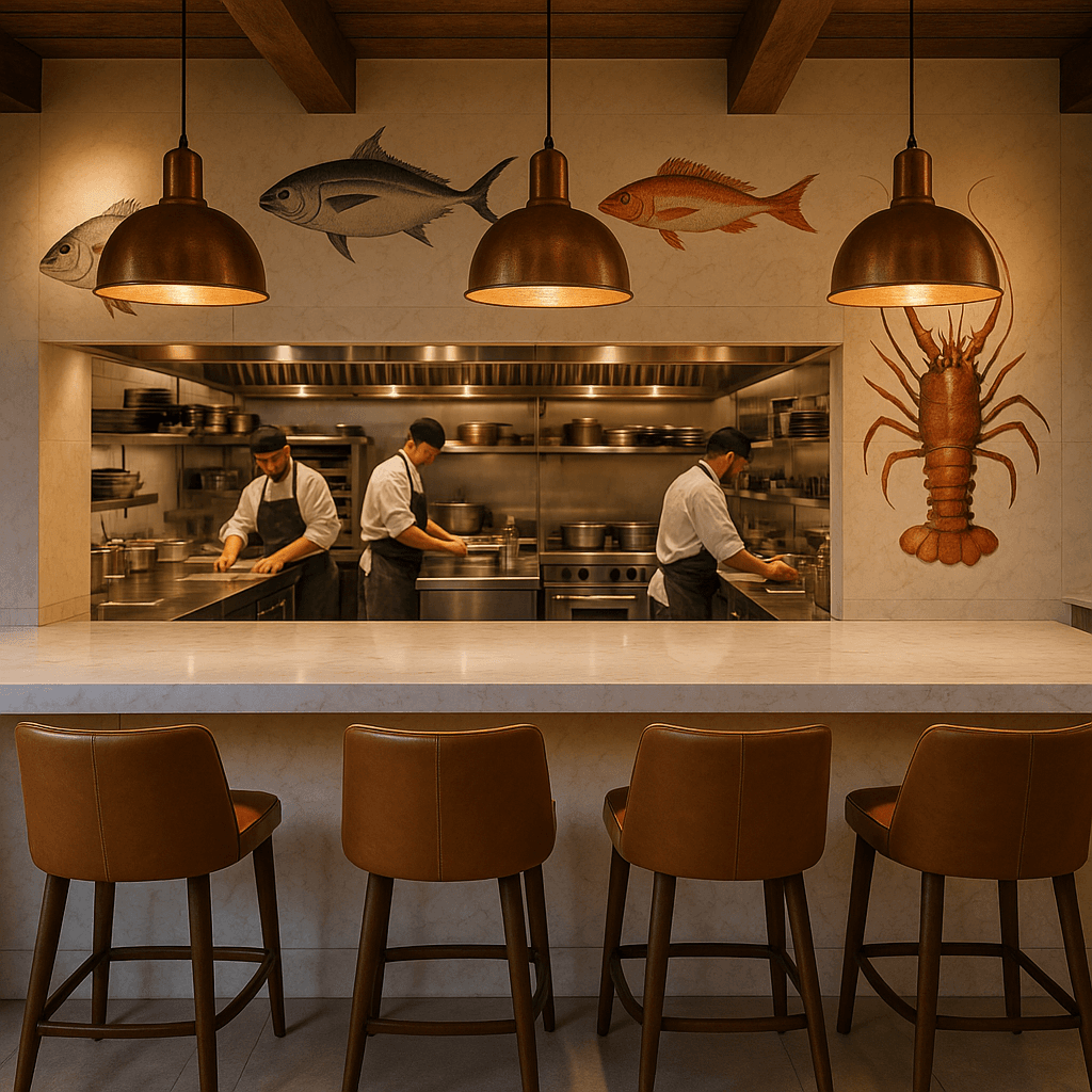 Chef's Table an der Marmortheke mit Fisch-Illustrationen